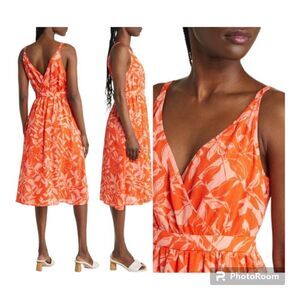 Chelsea28 XL Floral Faux Wrap Bodice Midi Dress Tangerine